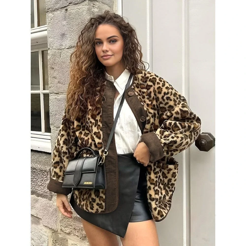 Trendy Leopard‎ Print Faux Fur Jacket Button Down Corduroy Trim Coat